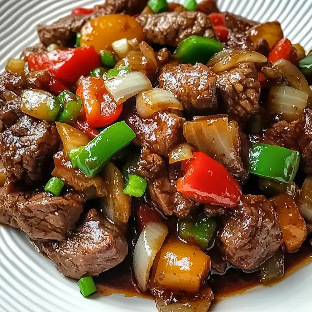 De près : un plat garni de bœuf sauté, de poivrons colorés, d'oignons et de ciboulette dans une sauce savoureuse.