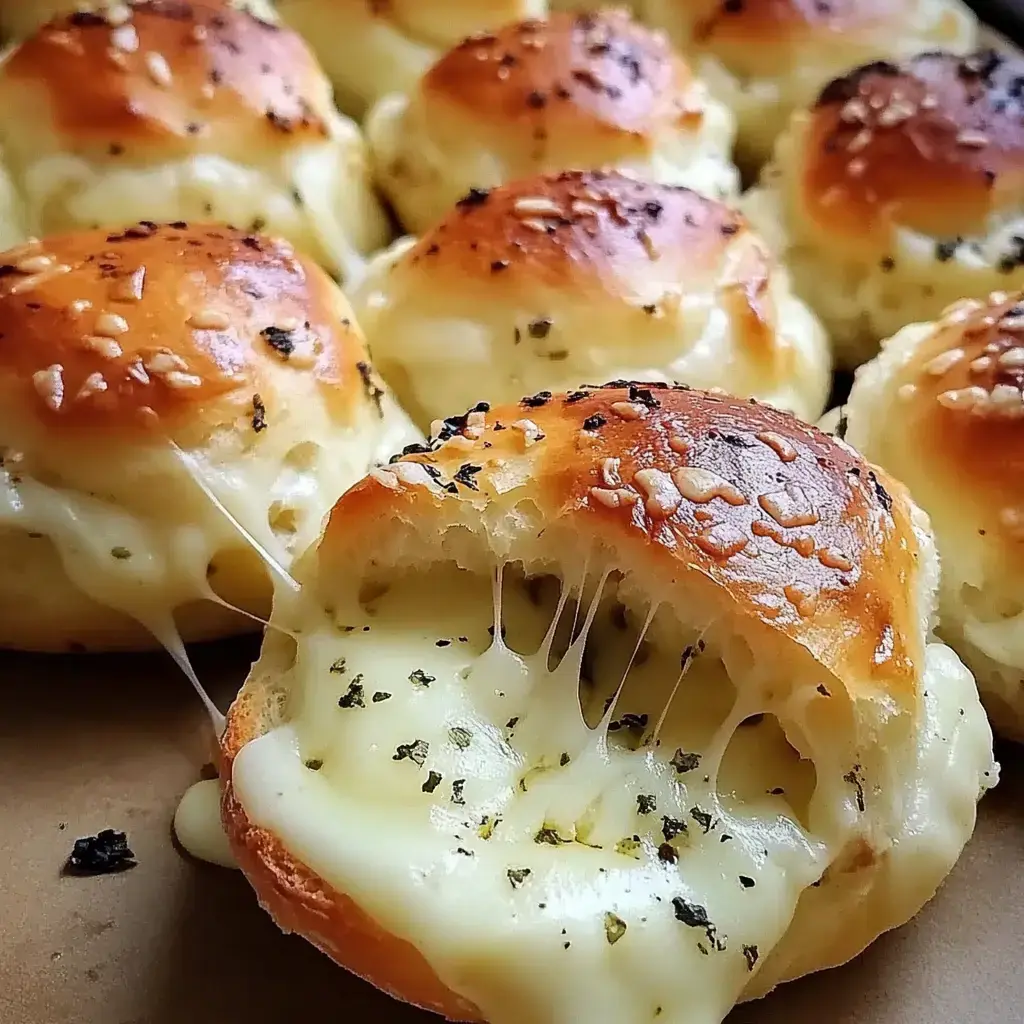 Un gros plan de petits pains tout juste sortis du four, fourrés au fromage, avec une croûte dorée et croustillante et du fromage fondu qui s'étire d'un pain partiellement mordu.