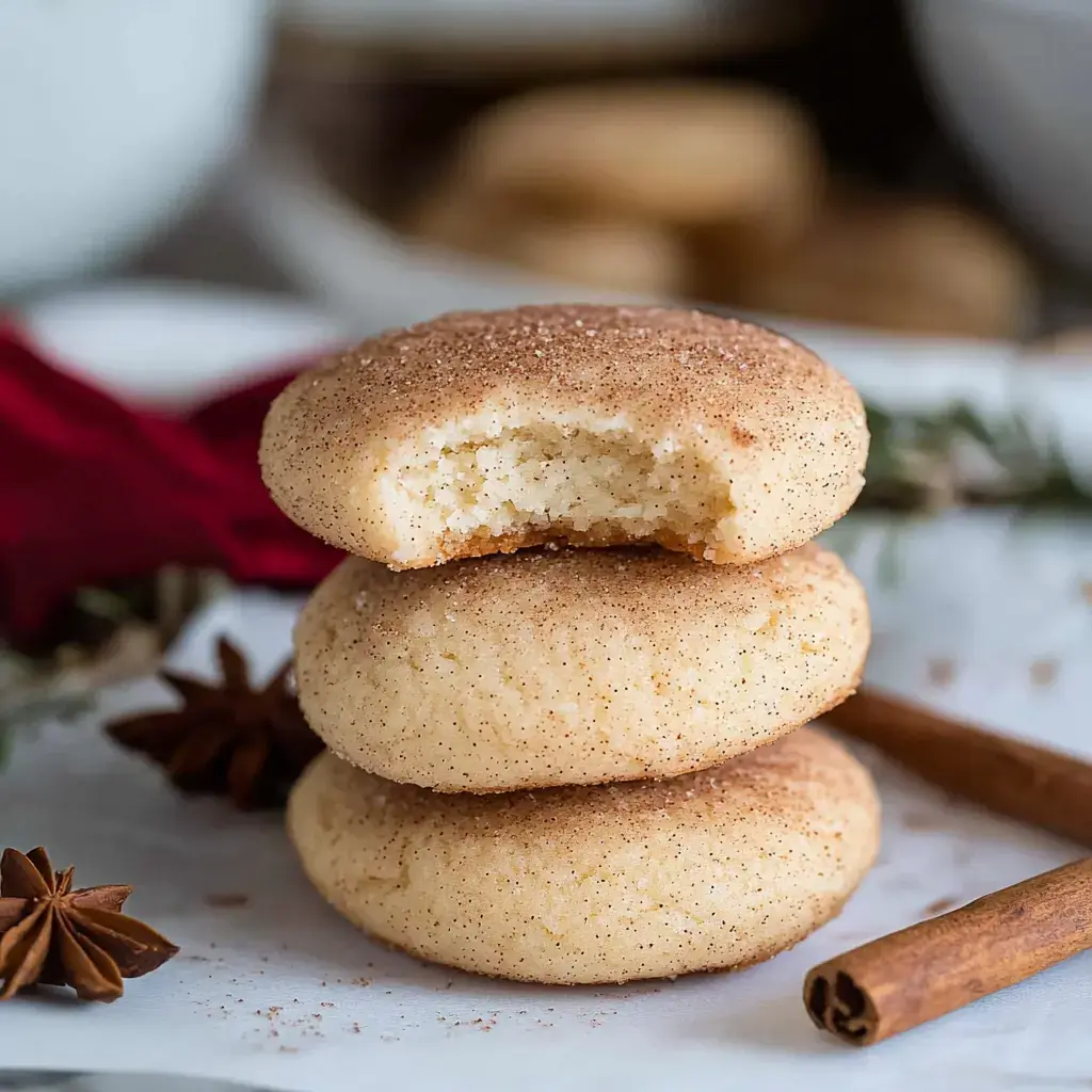 Un empilement de trois biscuits type snickerdoodle, avec une bouchée prise dans celui du dessus, entourés d'éléments décoratifs comme des bâtons de cannelle et de l'anis étoilé.