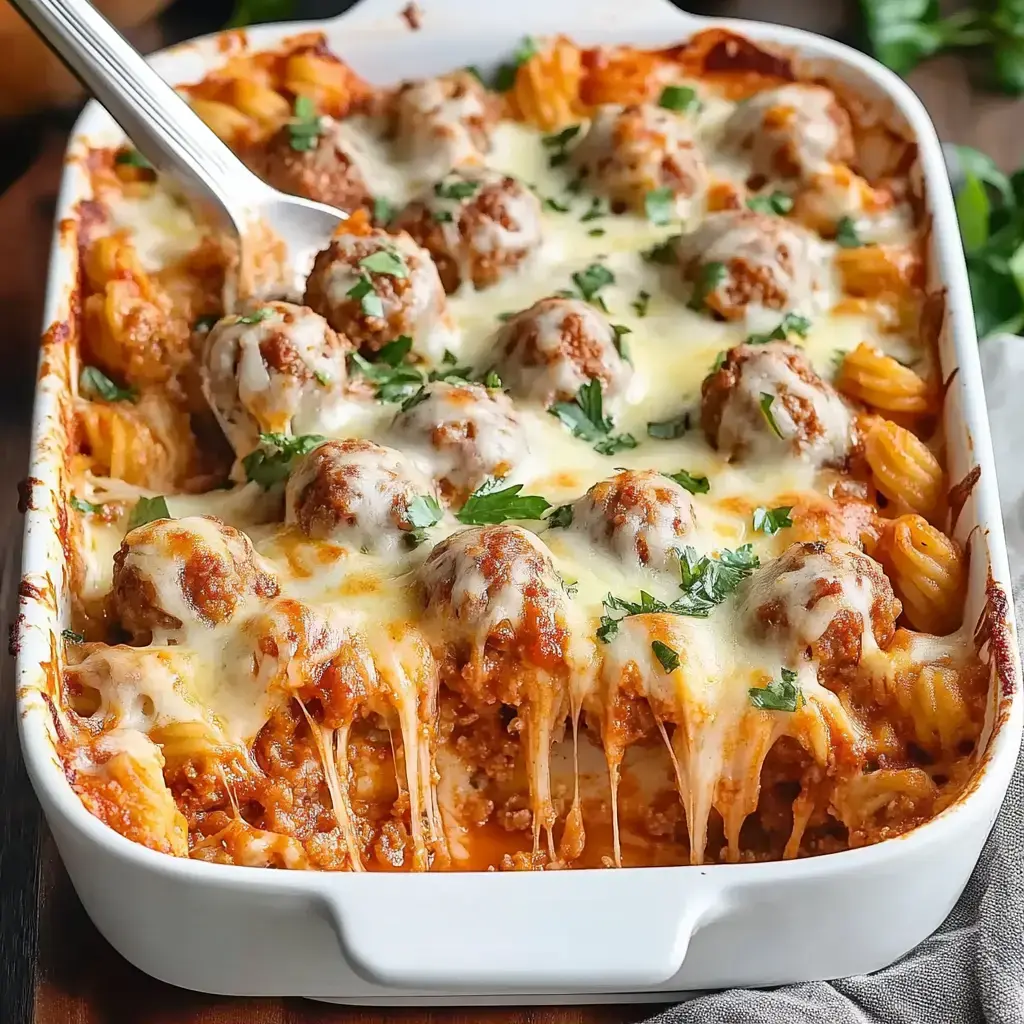 Un plat de service rempli de pâtes gratinées au fromage garni de boulettes et parsemé de persil.