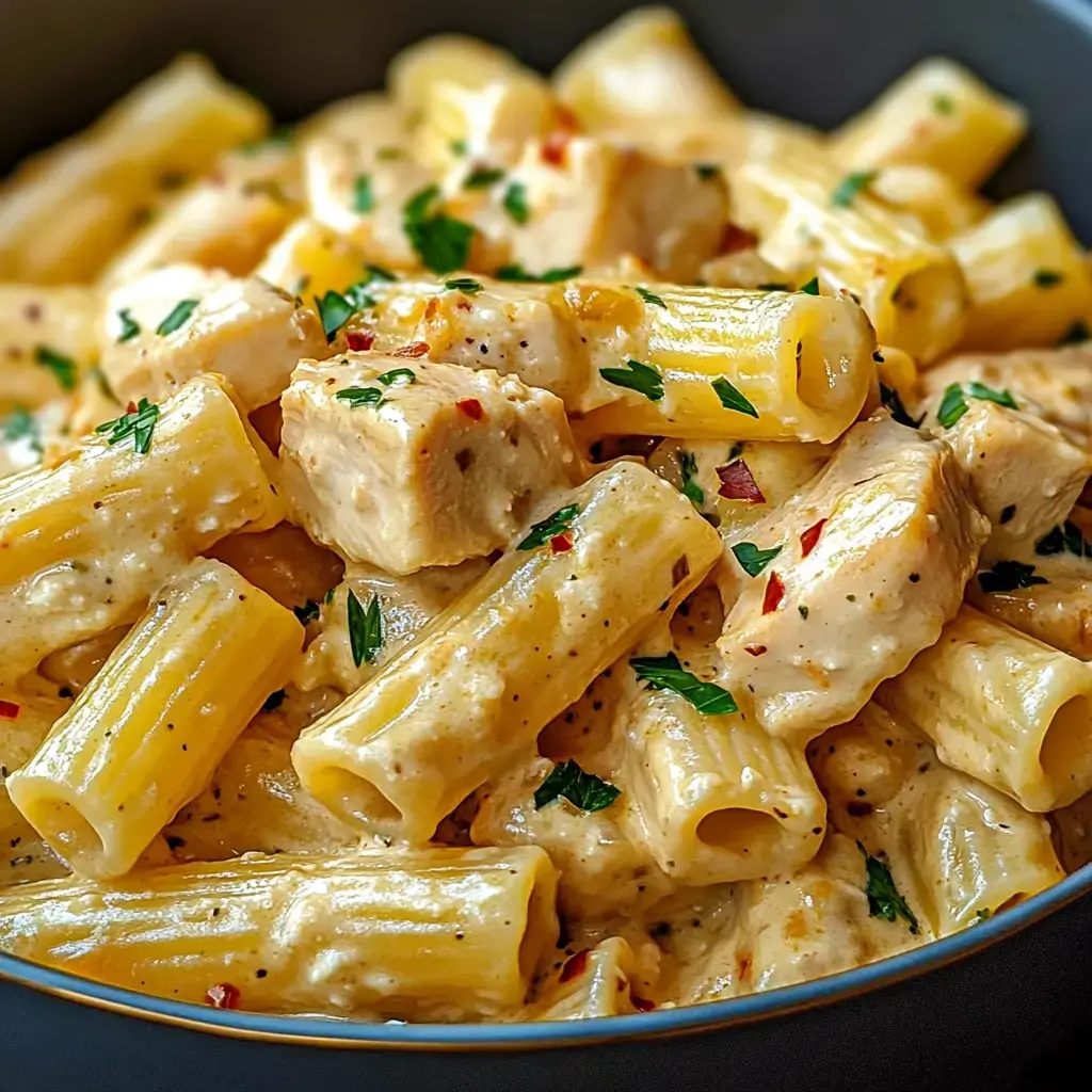 Plat de pâtes onctueuses avec rigatoni, morceaux de poulet et persil, agrémenté de flocons de piment rouge.