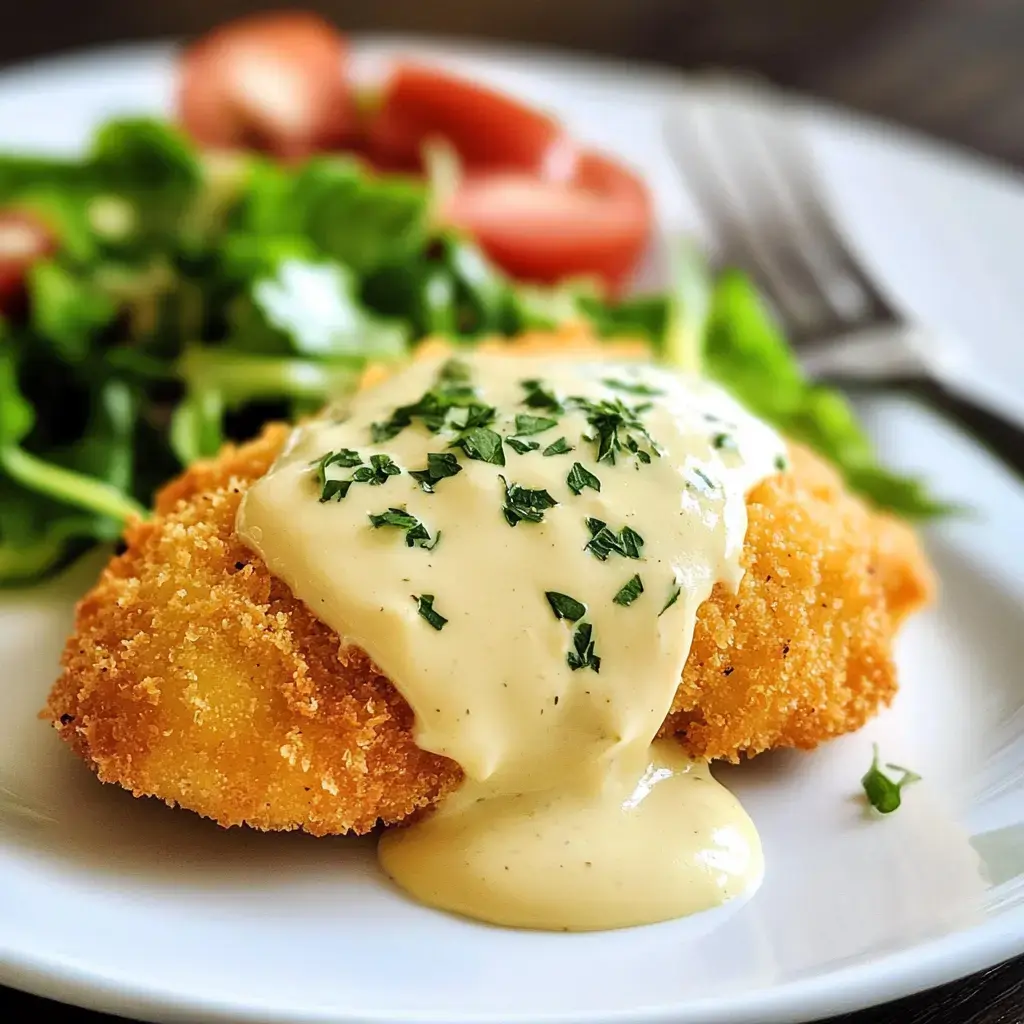 Une assiette avec un roulé de poulet croustillant nappé de sauce crémeuse, décoré de persil et accompagné d'une salade fraîche avec tomates cerises.