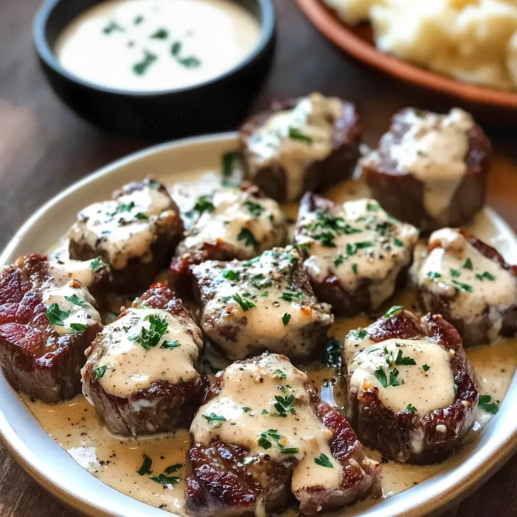 Une assiette de médaillons de bœuf nappés de sauce crémeuse et garnis de persil, accompagnée d'un bol de sauce similaire en arrière-plan.