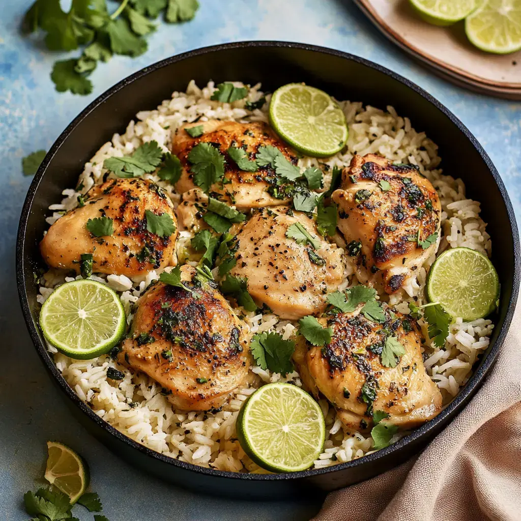 Un plat de cuisses de poulet grillées servies sur un lit de riz, garnies de coriandre fraîche et de tranches de citron vert.
