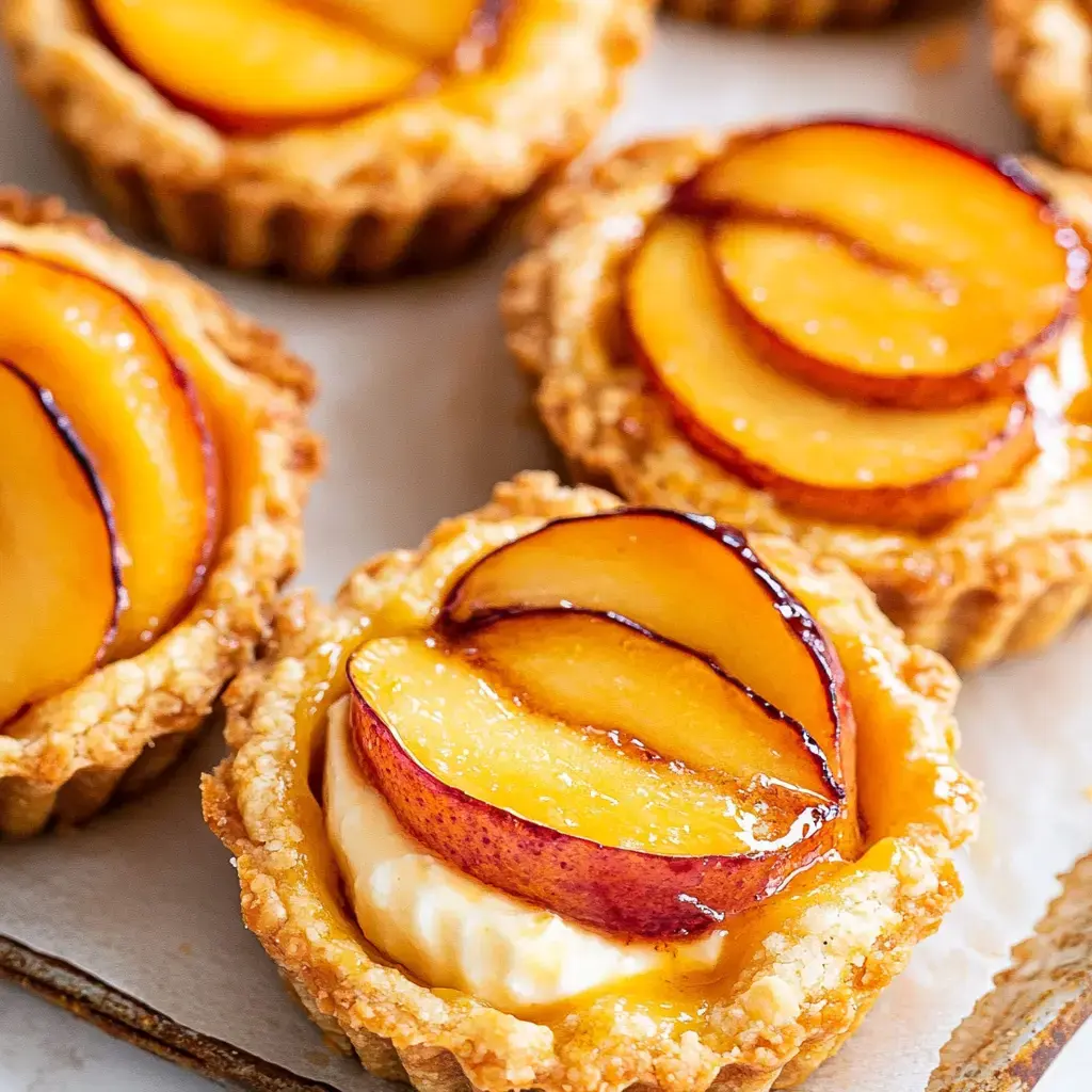 Un gros plan de tartelettes individuelles aux fruits avec des croûtes dorées garnies de crème et surmontées de tranches de pêche brillantes.