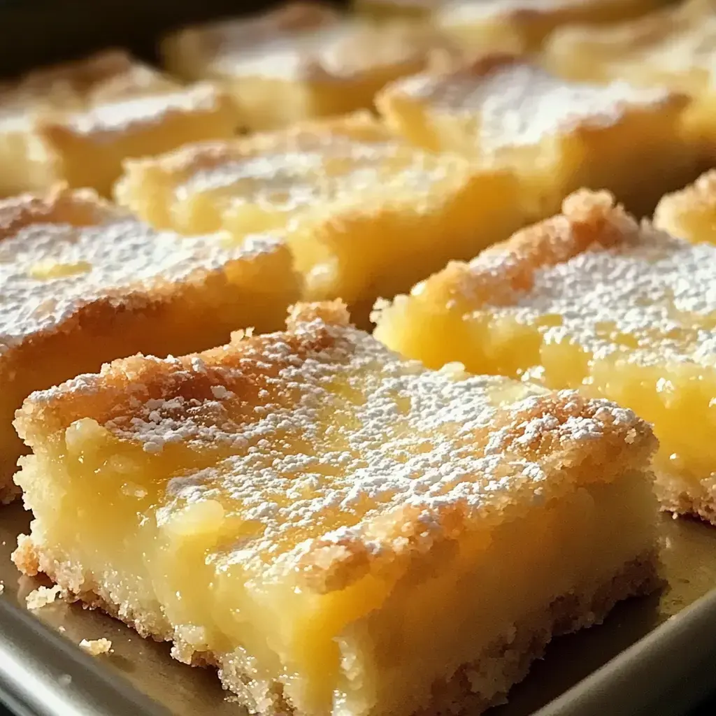Un gros plan de barres au citron fraîchement préparées, saupoudrées de sucre glace, disposées dans un plateau rectangulaire.