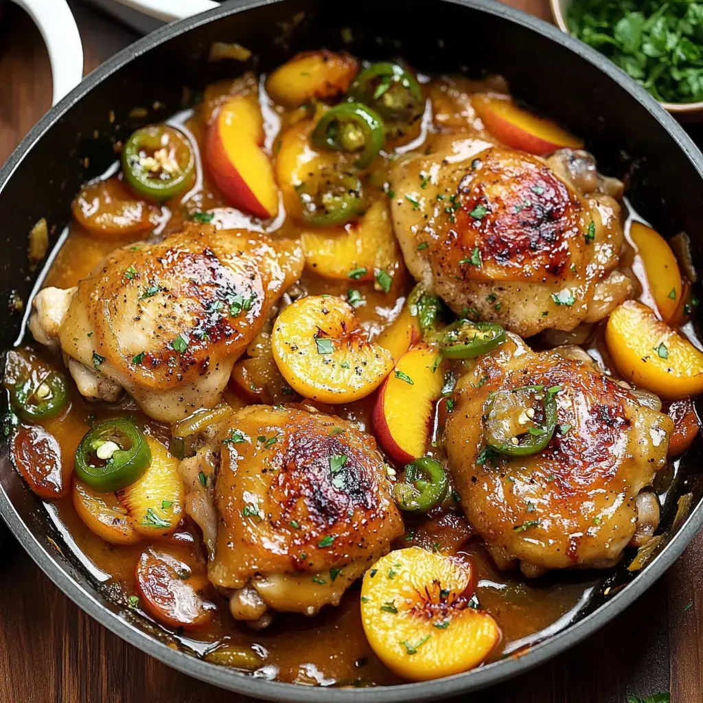 Une poêle remplie de cuisses de poulet juteuses garnies de poivrons verts et entourées de tranches de pêches dans une sauce savoureuse.