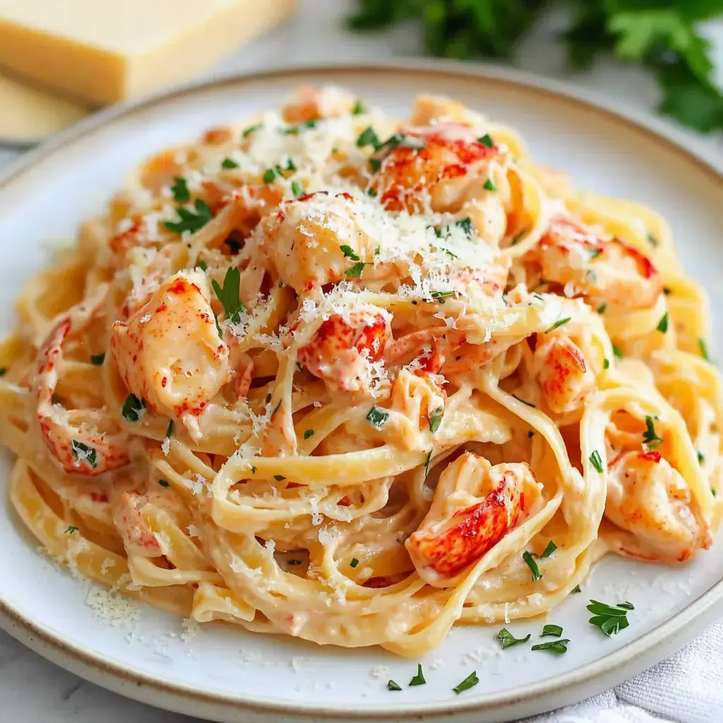 Une assiette de fettuccine au homard crémeuses garnies de persil et de fromage râpé.