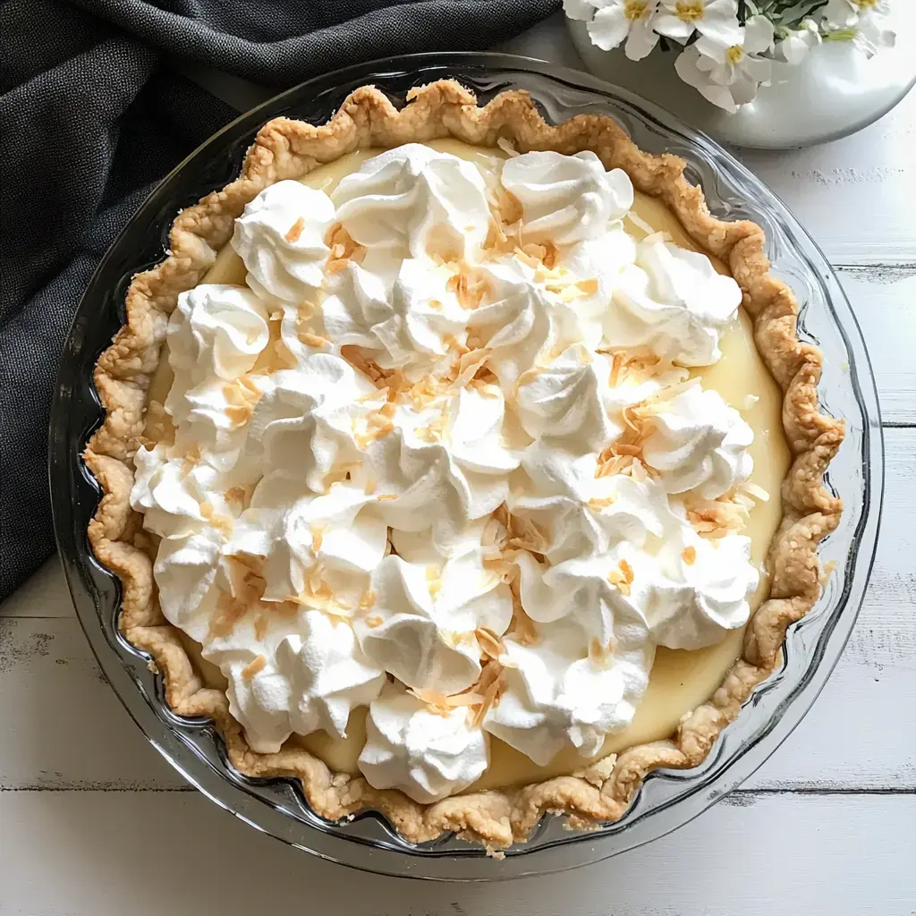 Une délicieuse tarte à la noix de coco garnie de crème fouettée et parsemée de flocons de coco repose sur une surface en bois à côté d'un vase de fleurs.