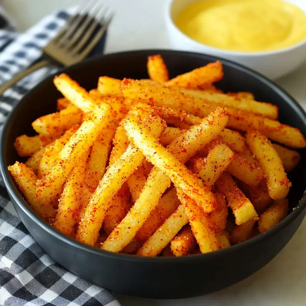 Un bol de frites assaisonnées présenté avec un petit plat de sauce jaune.