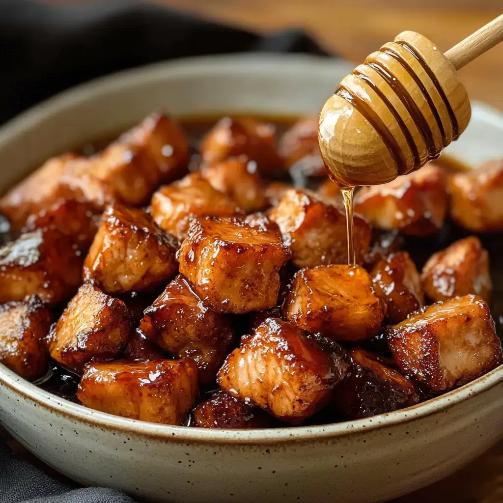Un gros plan d'un bol rempli de cubes de viande glacés arrosés de miel.