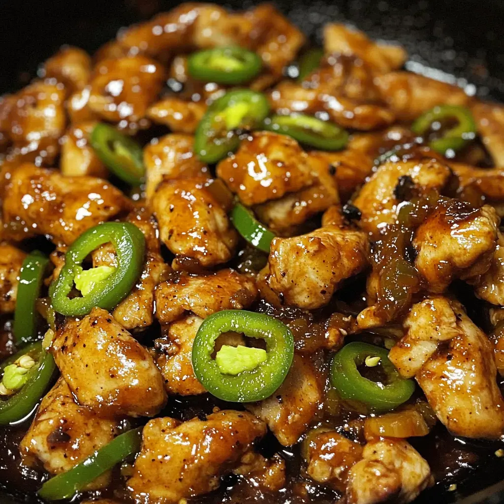 Un gros plan de morceaux de poulet coupés en dés dans une sauce brune brillante, garnis de tranches de poivrons verts.