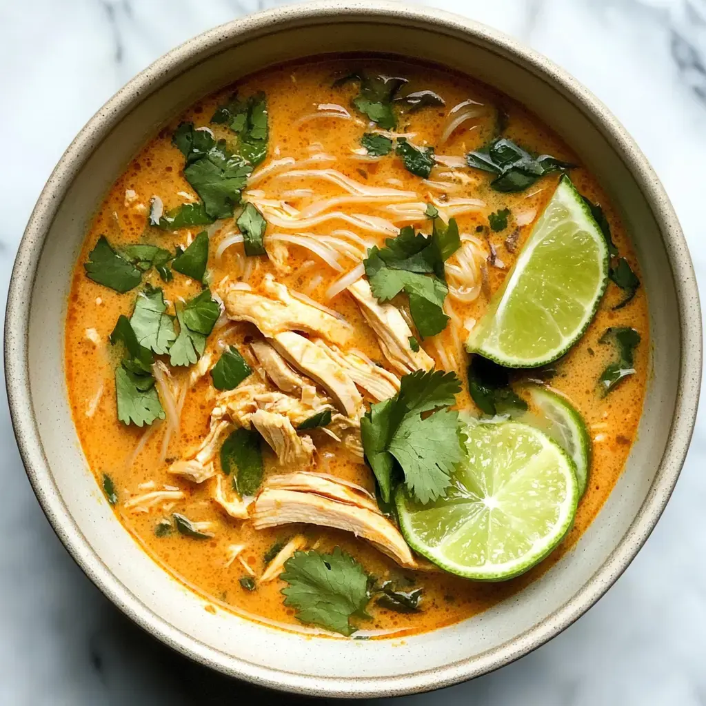 Un bol de soupe crémeuse avec poulet émincé, nouilles de riz, coriandre fraîche et quartiers de citron vert, sur un fond de marbre clair.