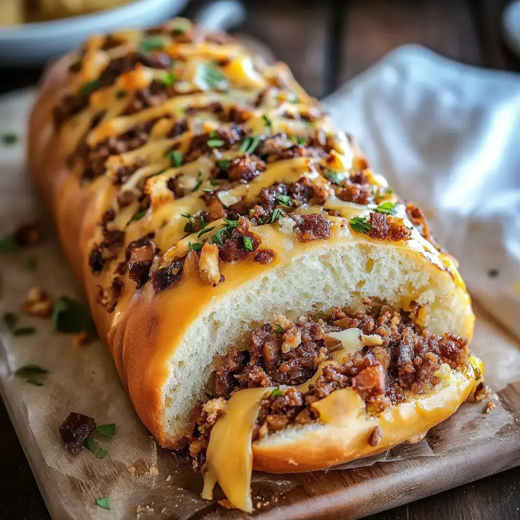 Gros plan sur une miche farcie d’un mélange de viande et de fromage fondu, garnie d'herbes hachées.