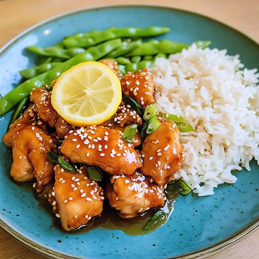 Une assiette bleue contient du poulet au sésame garni d'une tranche de citron, accompagné de riz blanc et de haricots verts.