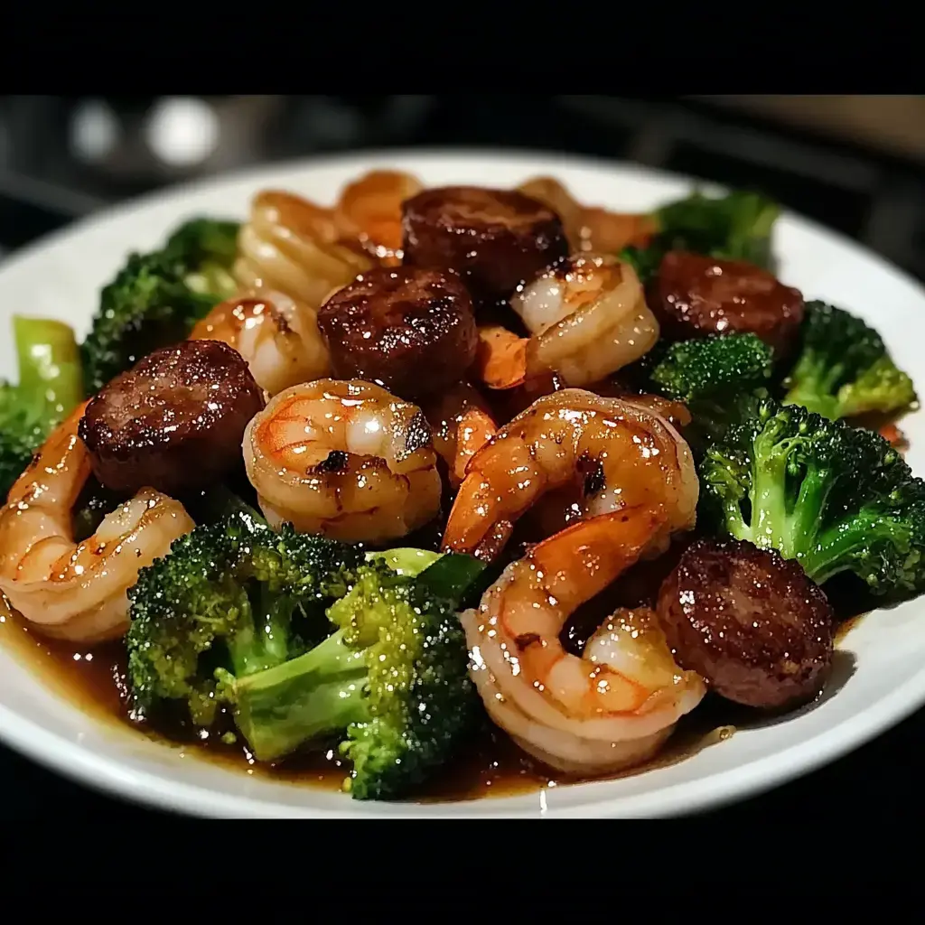 Une assiette avec des crevettes et saucisses, posées sur un lit de brocoli dans une sauce savoureuse.