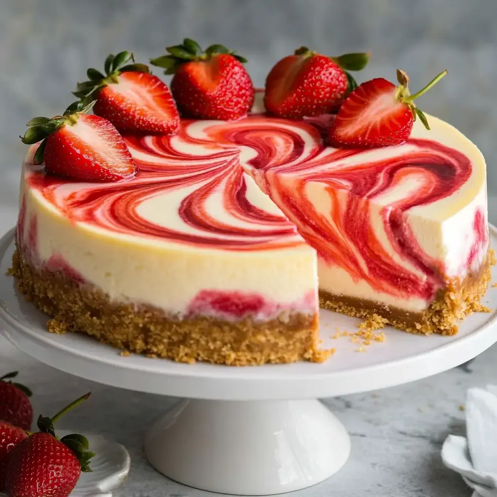 Une part de cheesecake aux tourbillons de fraises sur un présentoir blanc, garnie de fraises fraîches sur le dessus.