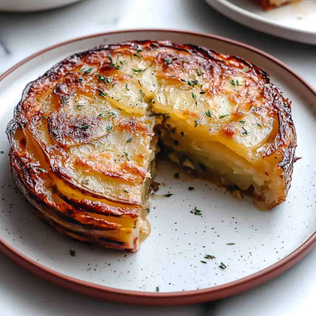Un plat rond de pommes de terre doré avec une part découpée, garni d'herbes, posé sur une assiette mouchetée.