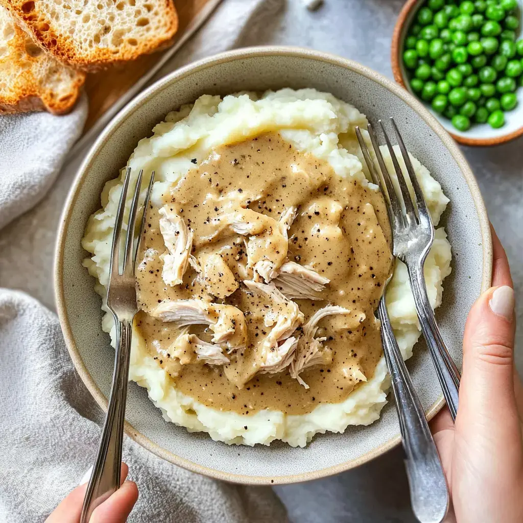 Un bol de purée de pommes de terre crémeuse garnie de poulet effiloché et de sauce, accompagné de petits pois verts et de tranches de pain.