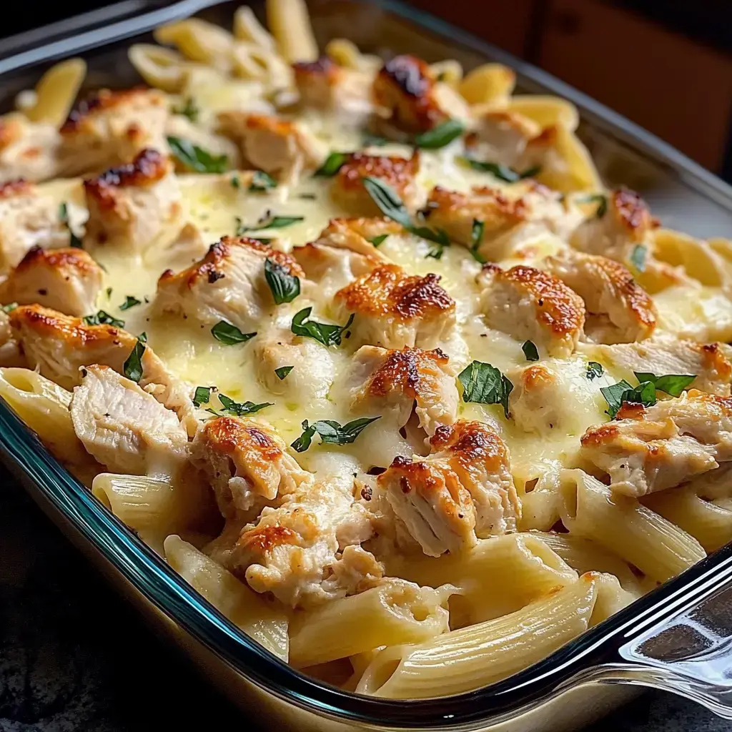 Un gros plan de pâtes au poulet, fromage et herbes dans un plat en verre.