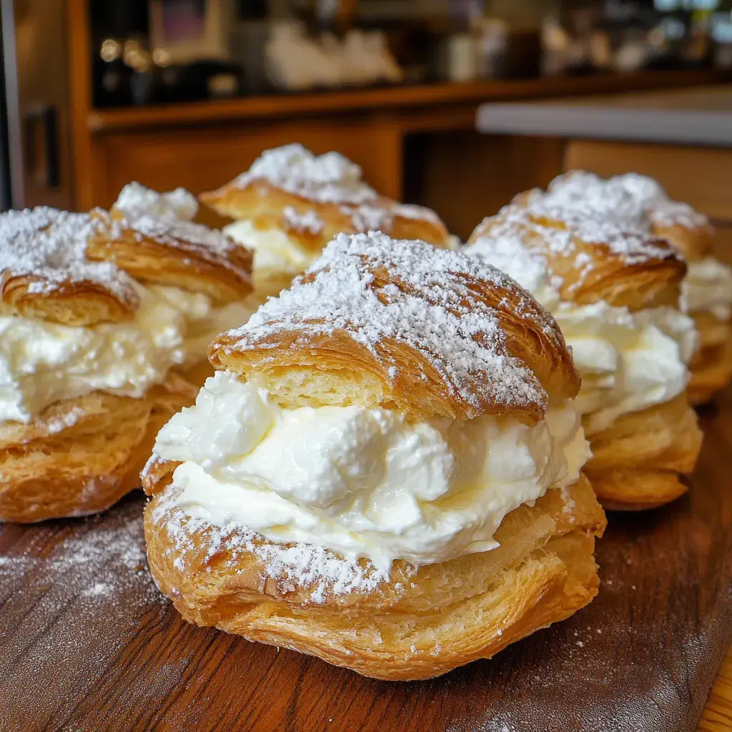 Un gros plan de pâtisseries moelleuses fourrées à la crème et saupoudrées de sucre glace sur une surface en bois.