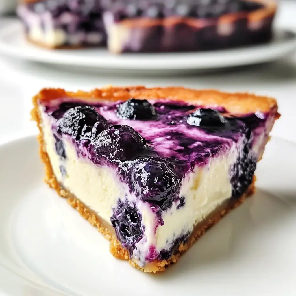 Une part de tarte aux myrtilles sur une assiette blanche avec une garniture crémeuse et une base dorée, garnie de myrtilles fraîches et d'une couche brillante de fruits.