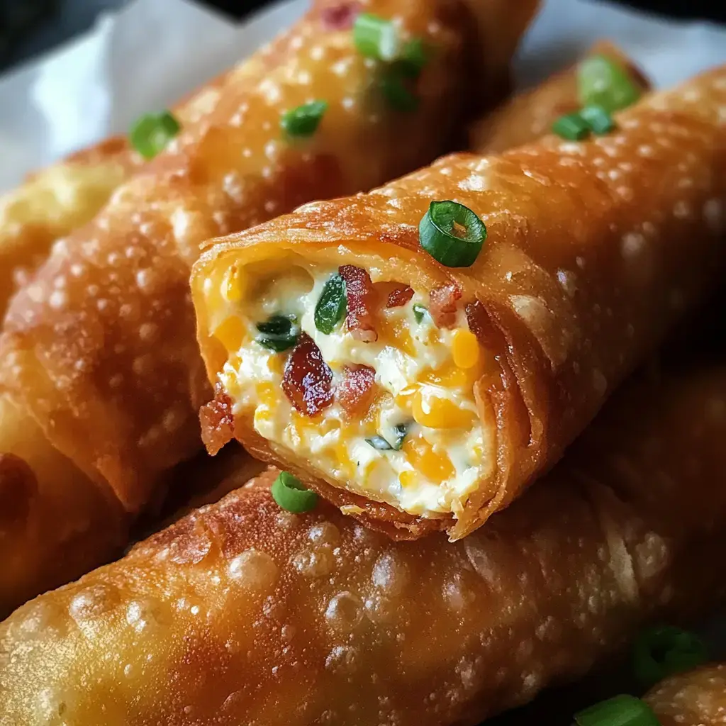 Un gros plan de rouleaux dorés et croustillants remplis d'un mélange crémeux de fromage, bacon et oignons verts.