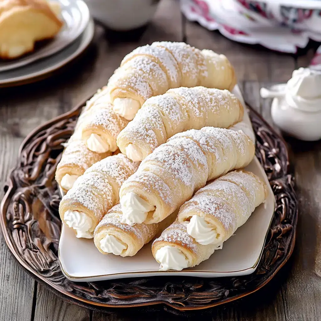 Une assiette de rouleaux feuilletés farcis de crème, saupoudrés de sucre glace.