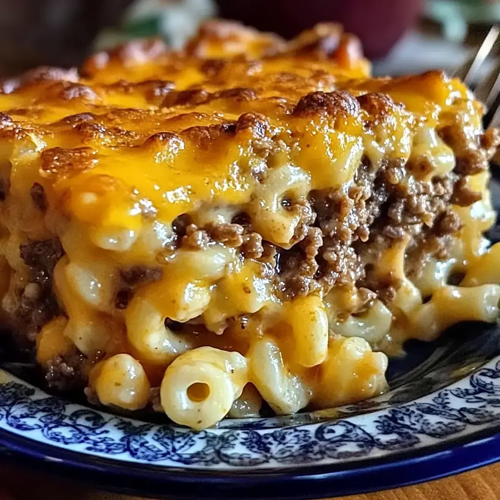 Gros plan d'une portion de gratin de pâtes crémeuses et viande hachée dans une assiette décorative.