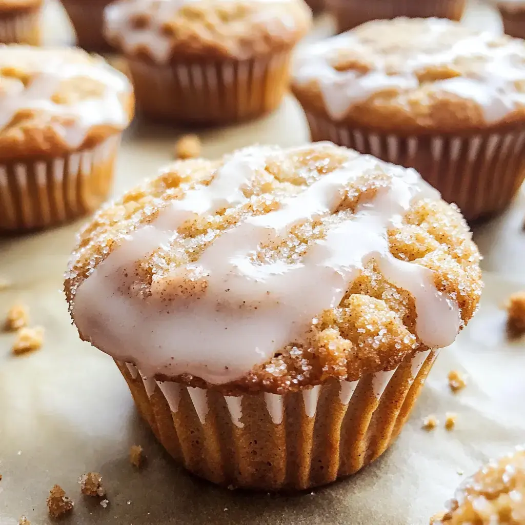 Un gros plan d'un petit gâteau fraîchement cuit garni d'un léger glaçage et saupoudré de sucre, entouré d'autres petits gâteaux similaires en arrière-plan.