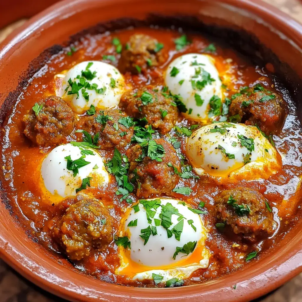Un bol de boulettes et d'œufs pochés dans une savoureuse sauce tomate, garni d'herbes fraîches hachées.