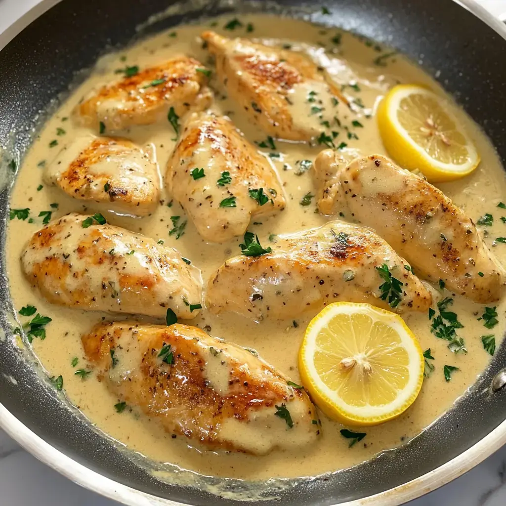 Une poêle remplie de blancs de poulet cuits dans une sauce crémeuse, garnie de persil et de tranches de citron.