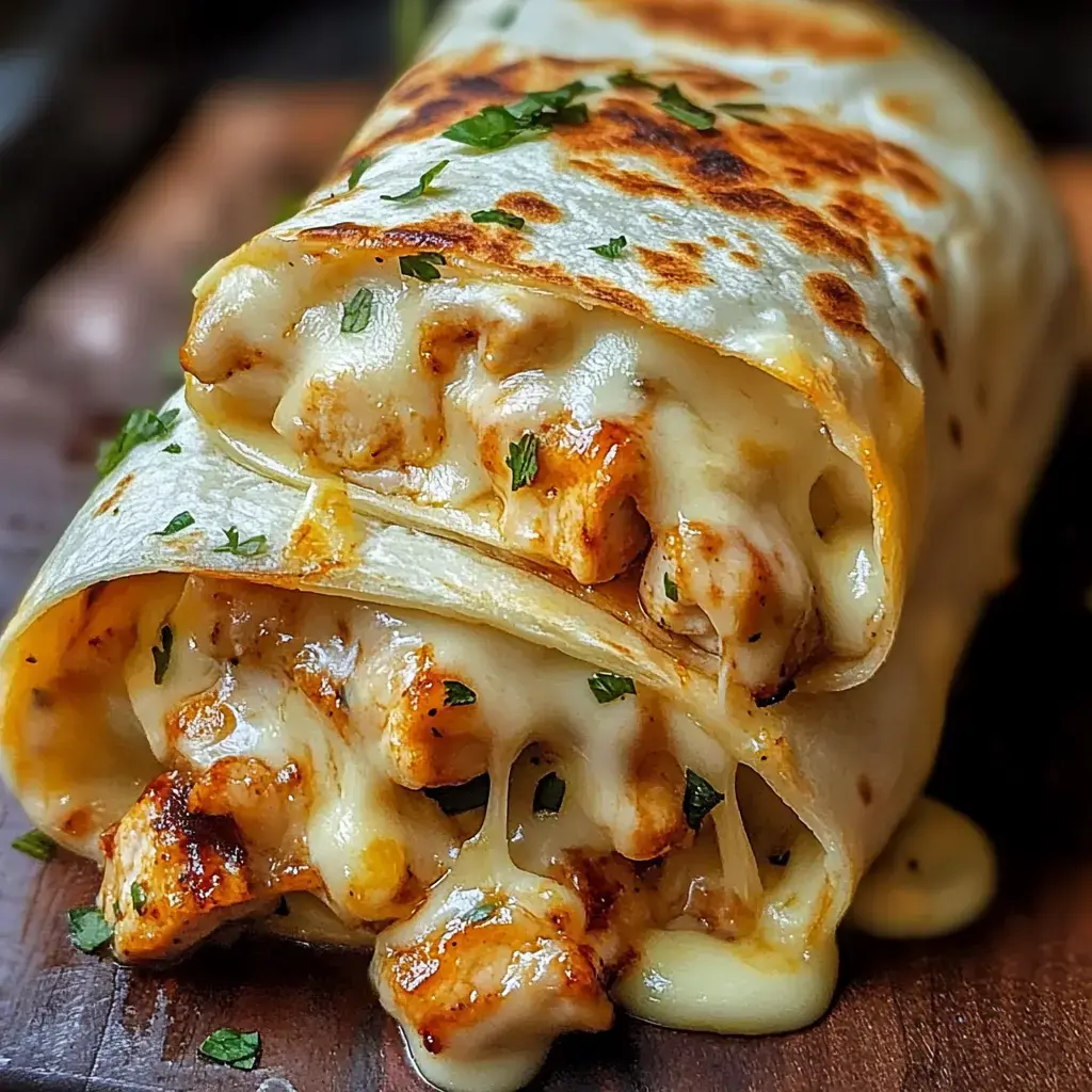 Gros plan sur deux burritos grillés au poulet et fromage qui se chevauchent, garnis de persil haché.