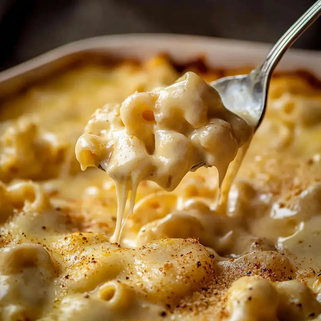 Un gros plan d'une cuillère soulevant des macaronis au fromage crémeux d'un plat de cuisson, avec des fils de fromage fondu qui s'étirent depuis la cuillère.