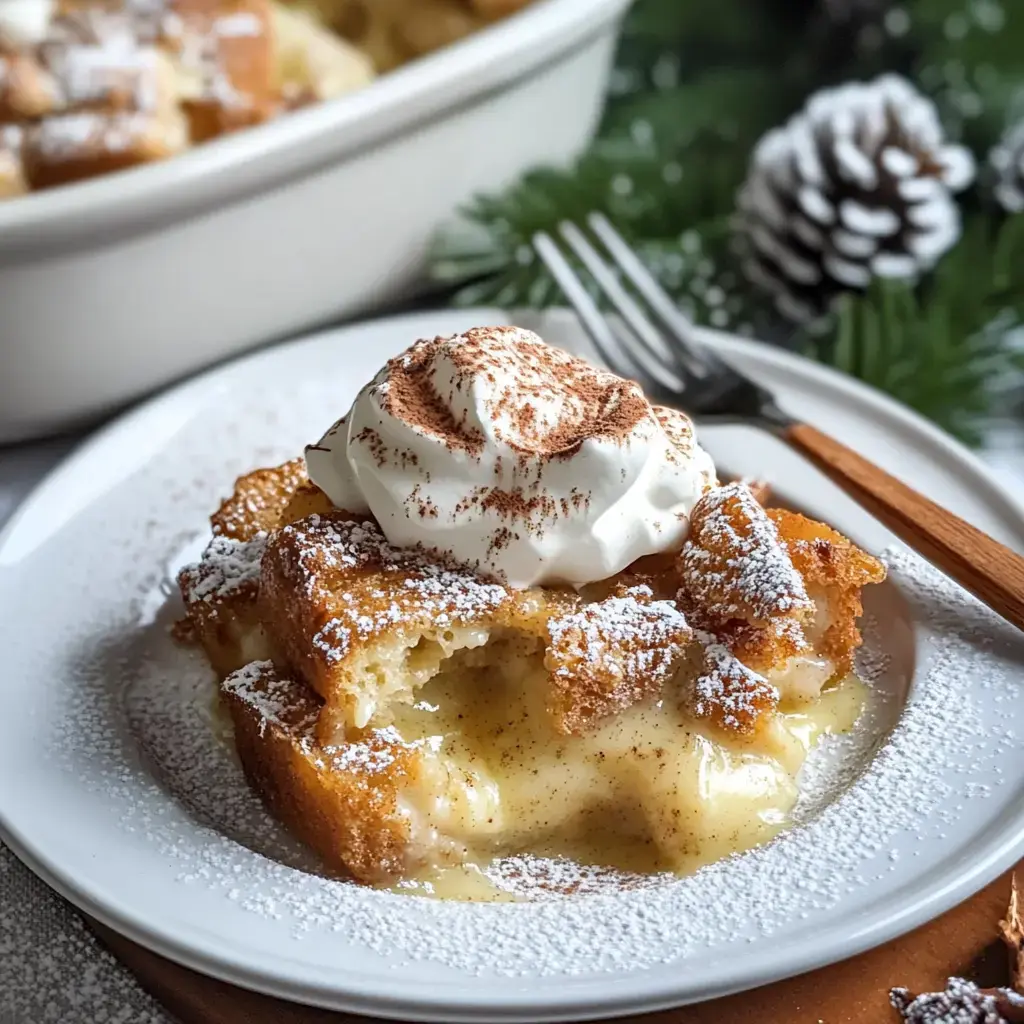 Une part de dessert cuit garnie de crème fouettée et saupoudrée de sucre glace est servie sur une assiette blanche, avec une fourchette en bois rustique et des décorations de fête en arrière-plan.