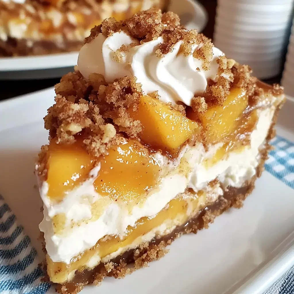 Une part de dessert crémeux aux pêches garnie de crème fouettée et de miettes croustillantes sur une assiette.