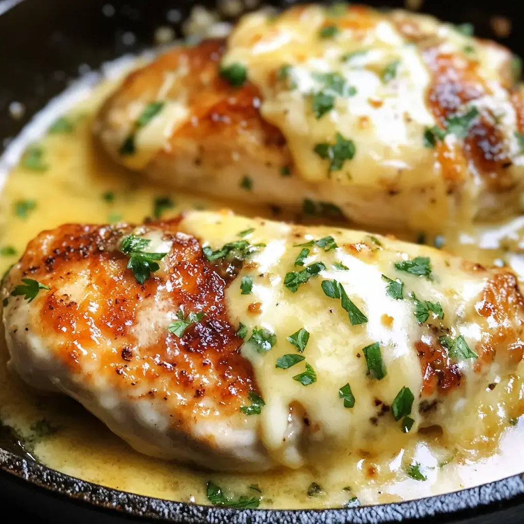 Vue rapprochée de deux blancs de poulet cuits garnis de fromage fondu et parsemés de persil haché dans une poêle.