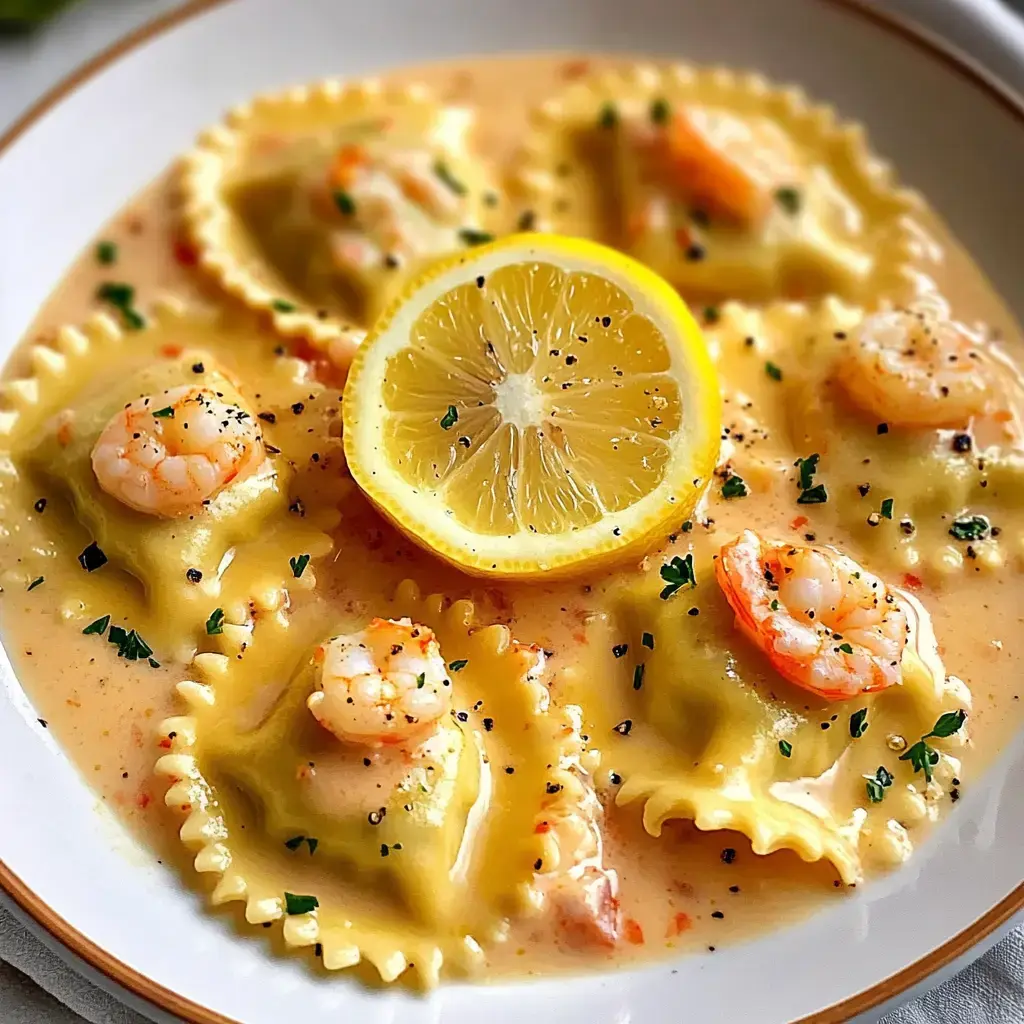Une assiette de raviolis dans une sauce crémeuse garnie de crevettes et décorée d'une tranche de citron.