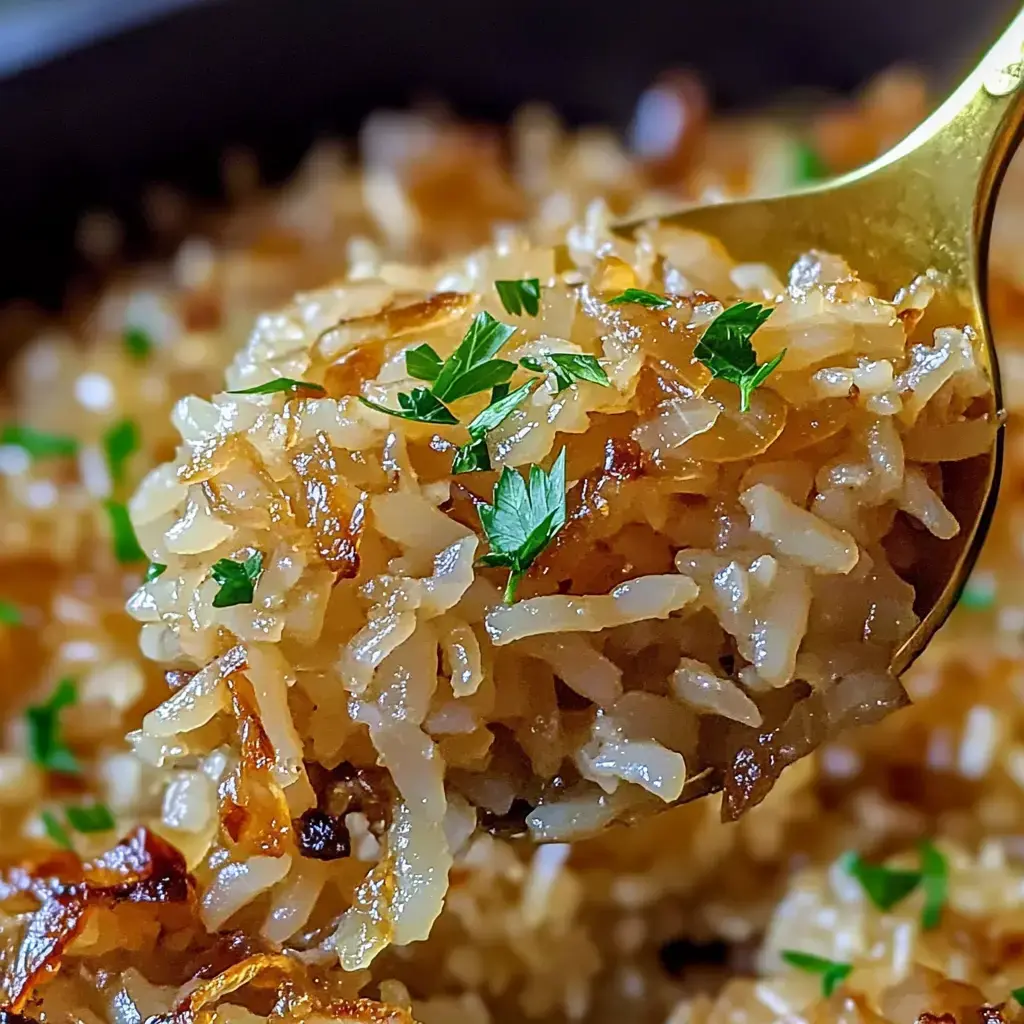 Un gros plan d'une cuillère dorée de riz garni de persil, tenue au-dessus d'un bol de riz moelleux.