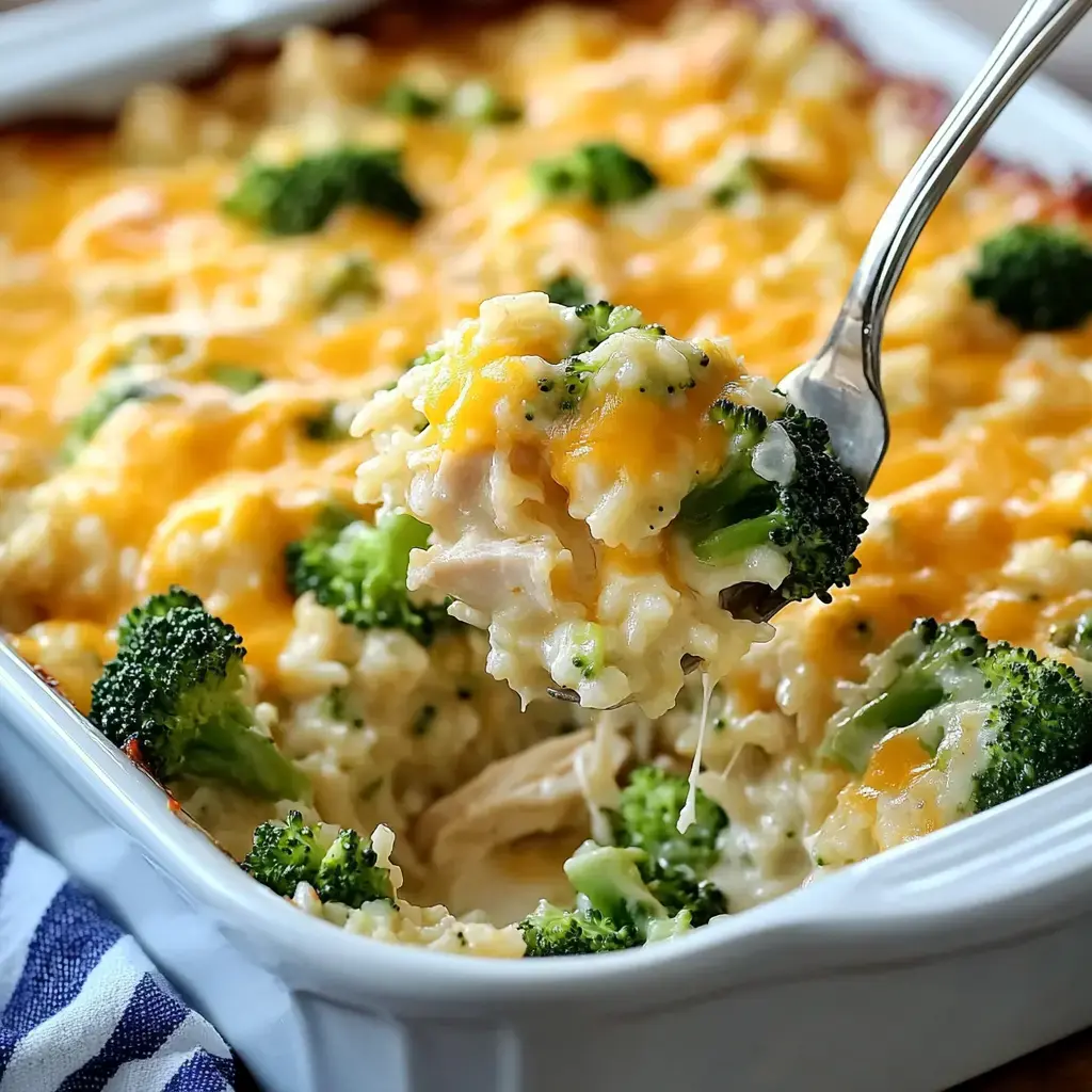 Une portion de gratin crémeux de poulet et brocoli garni de fromage fondu, tenue par une fourchette.