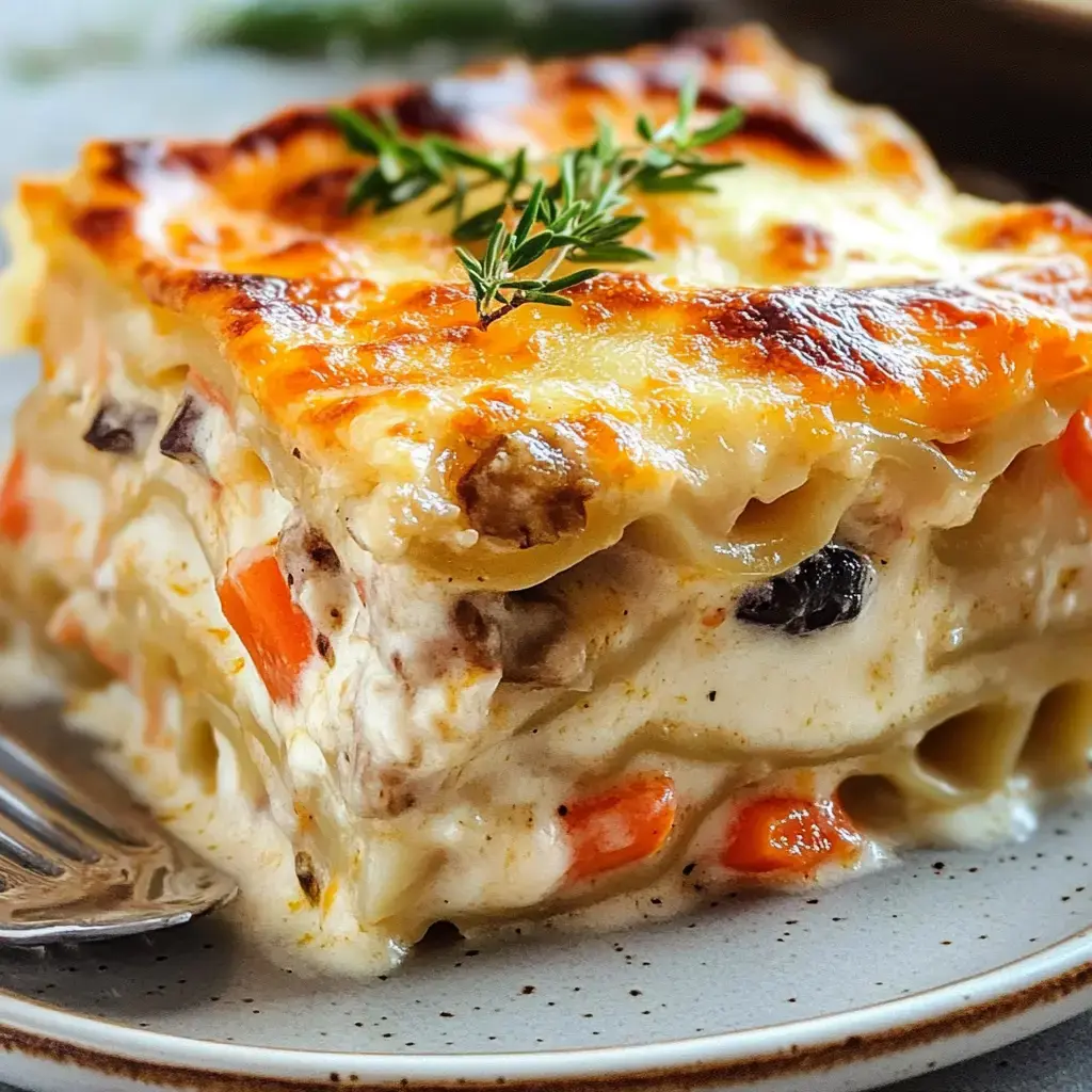Un gros plan d'une part de lasagne avec une superposition de viande, légumes et sauce crémeuse, décorée d’un brin de thym.