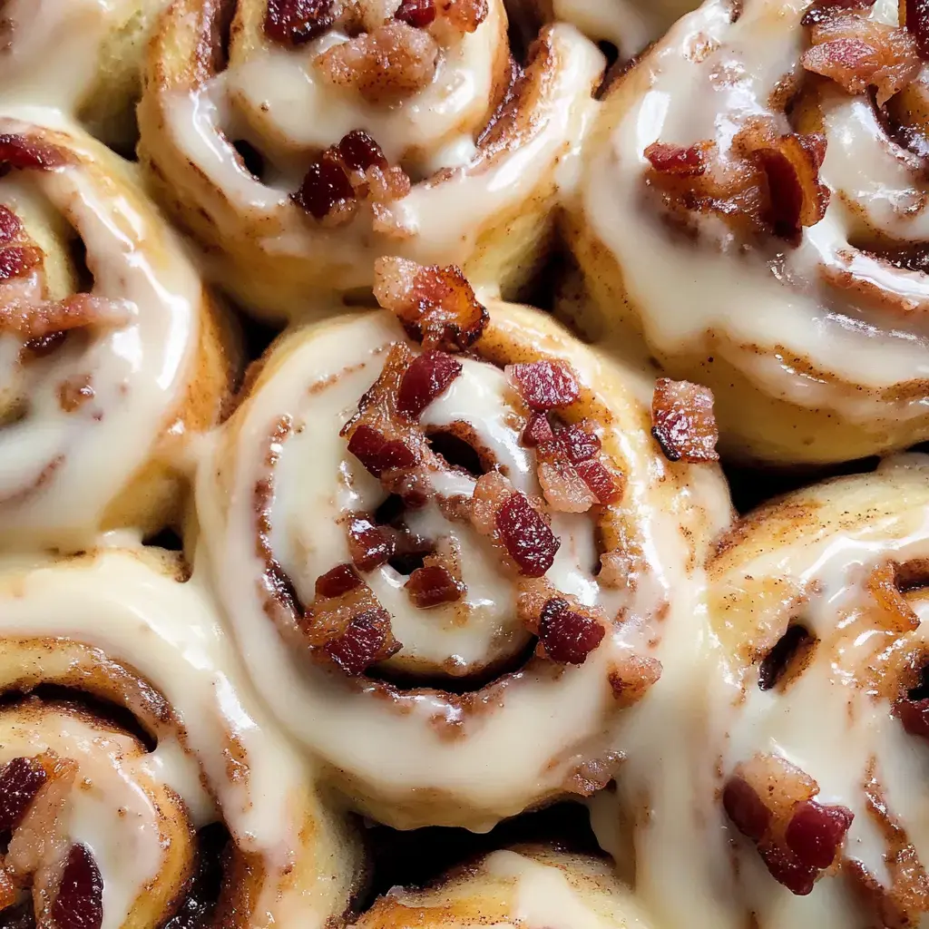 Un gros plan de brioches à la cannelle nappées de glaçage au fromage et parsemées de morceaux de bacon croustillant.