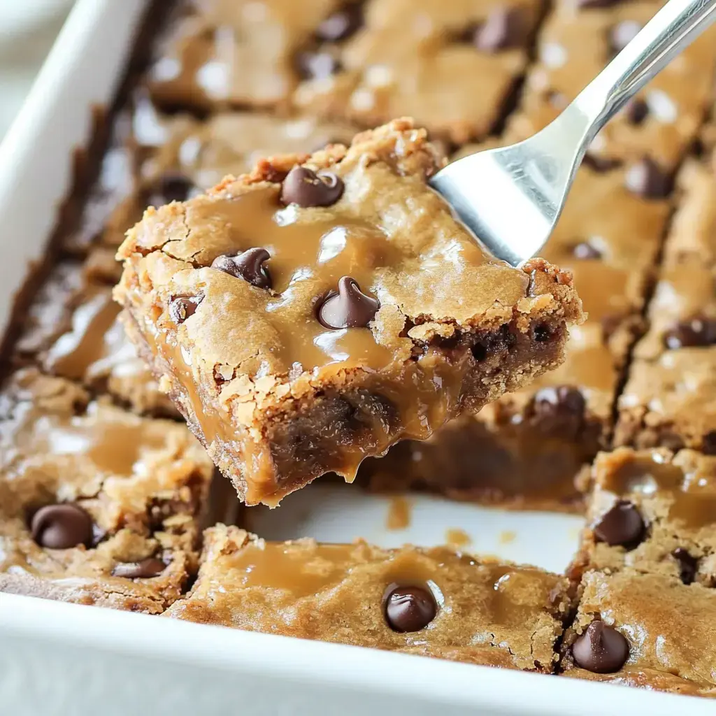 Une part de dessert aux barres de caramel et pépites de chocolat sortie d'un plat à cuisson.