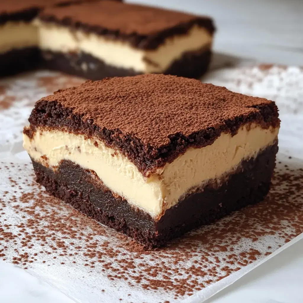 Une part de dessert en couches avec du gâteau au chocolat, une garniture crémeuse au café et une touche de cacao en poudre sur le dessus.