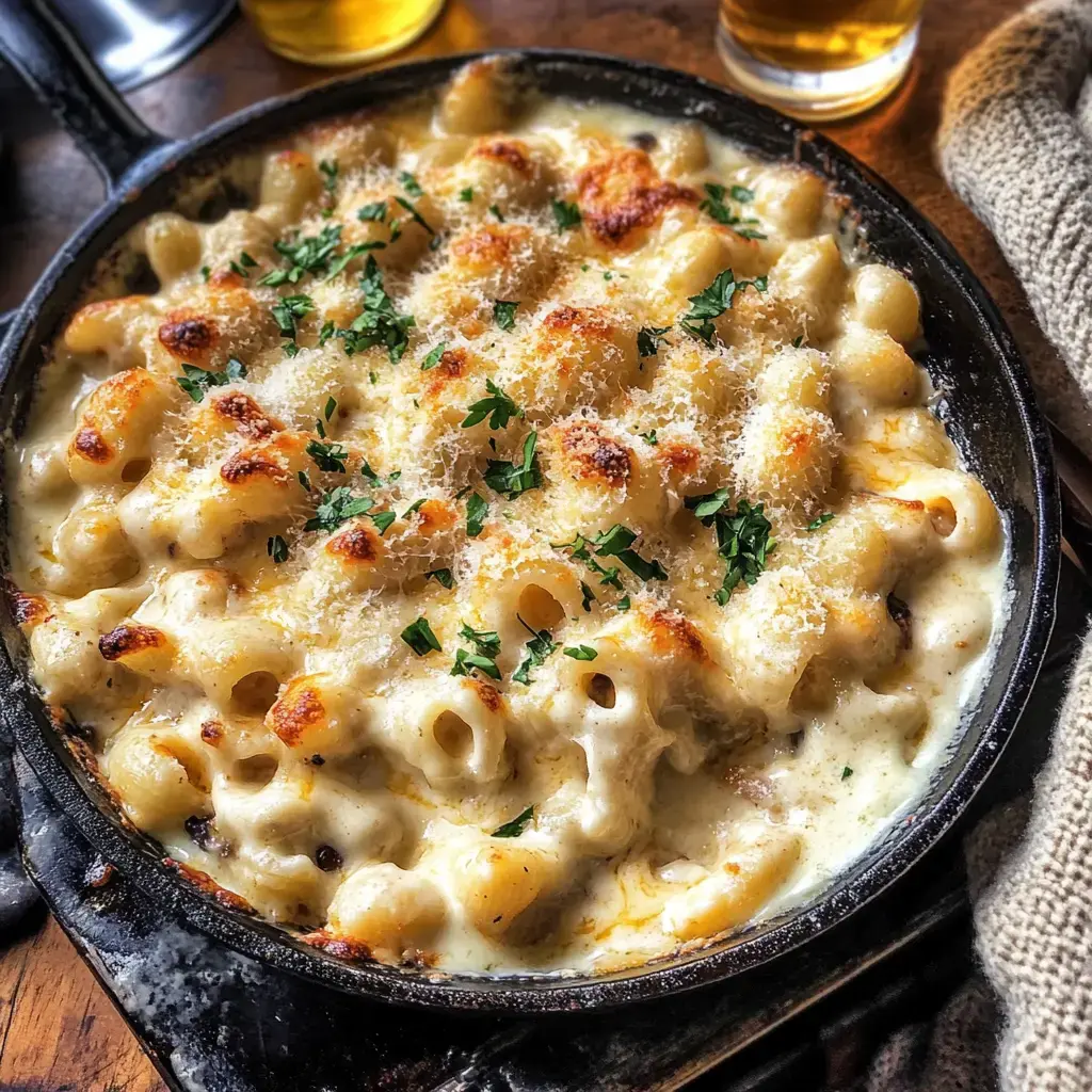Une appétissante portion de gratin de pâtes au fromage garnie de persil et de fromage doré, servie dans une poêle en fonte.