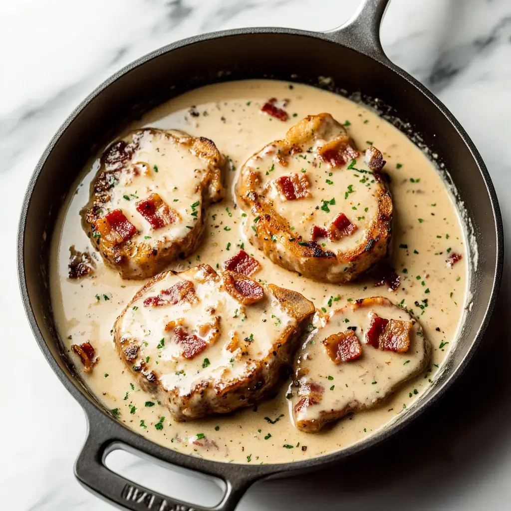 Une poêle en fonte avec quatre côtelettes dans une sauce crémeuse, garnies de morceaux de bacon et de persil.