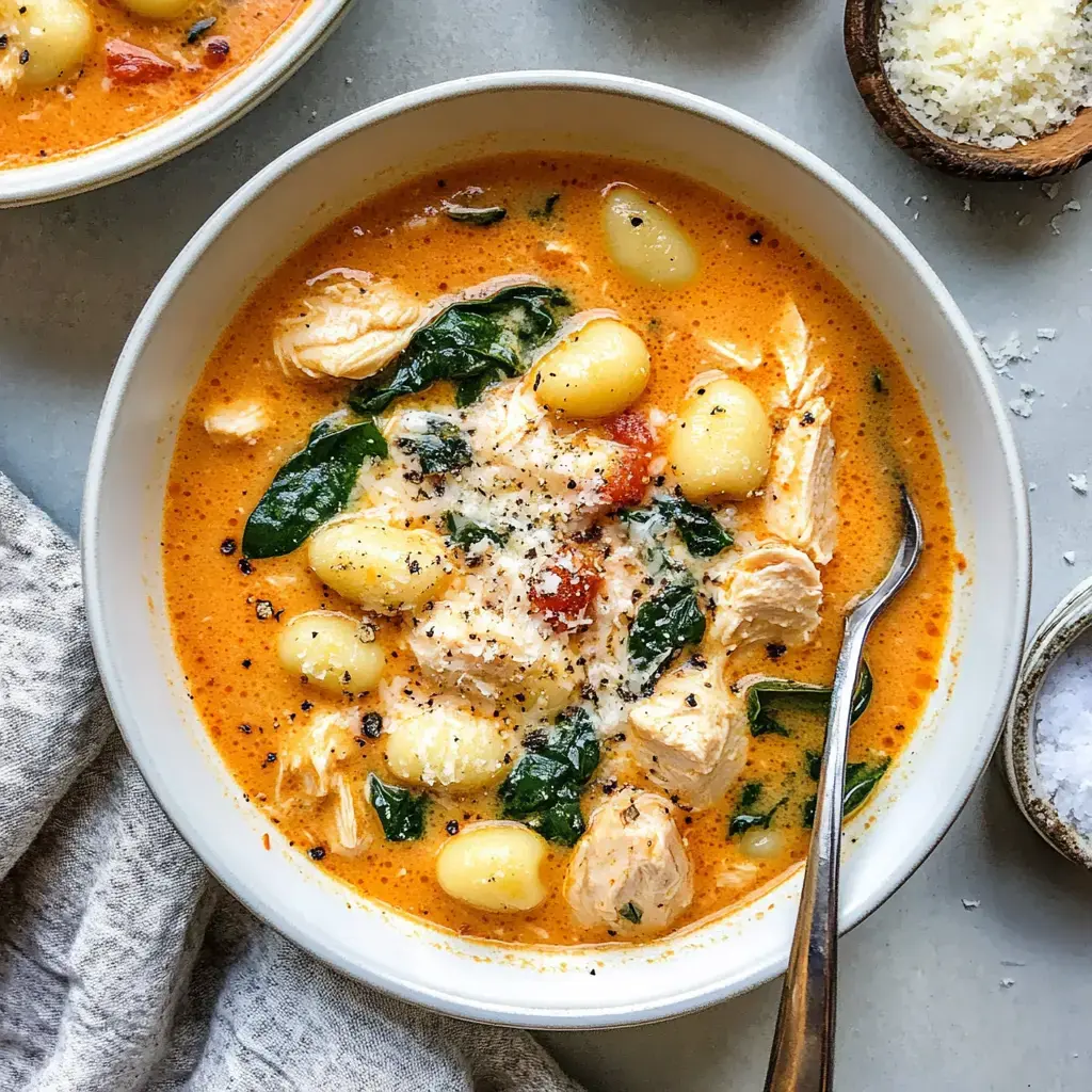 Une soupe crémeuse au poulet et gnocchis, agrémentée d'épinards et d'herbes dans un bol blanc.