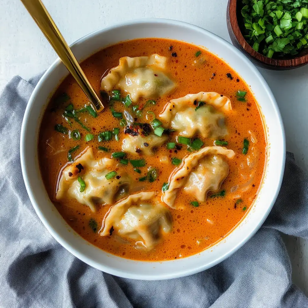Un bol de soupe épicée avec ravioles, garni de ciboulette et accompagné d'une cuillère dorée.