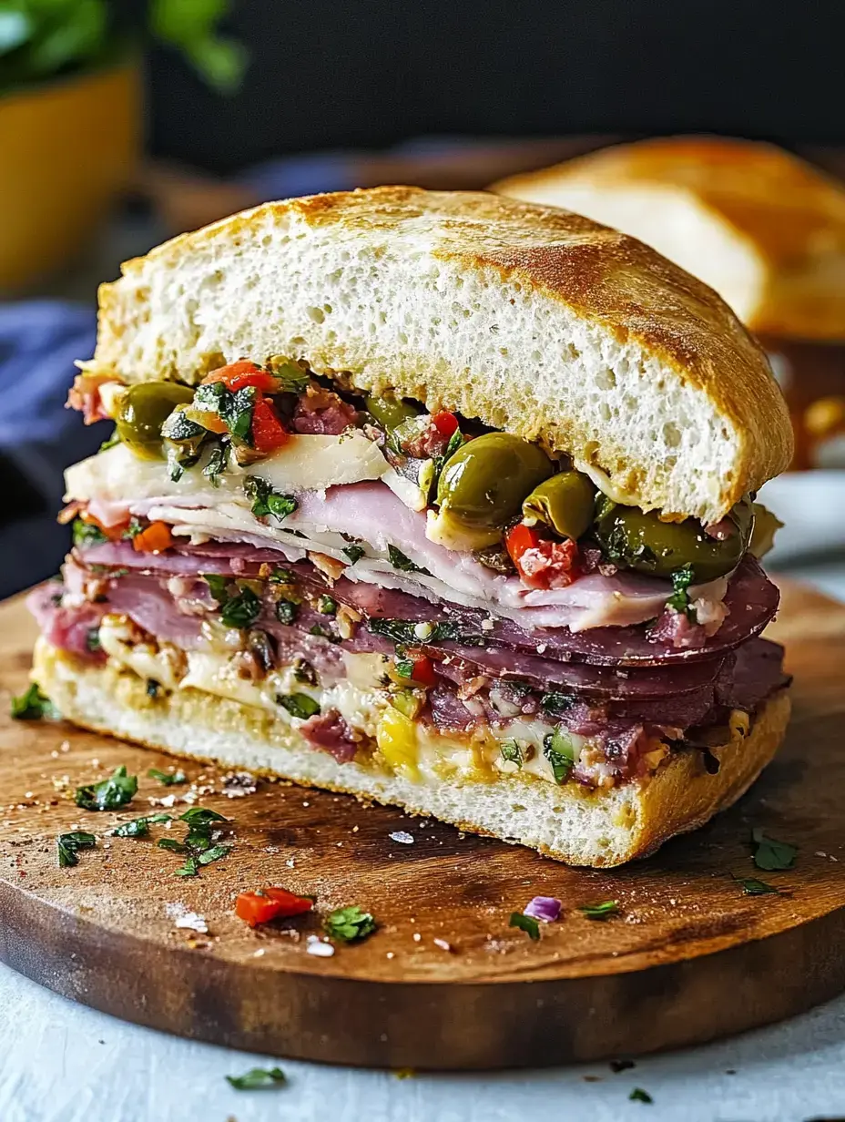 Gros plan d'un sandwich garni de diverses viandes, fromage et légumes, servi sur une planche à découper en bois.