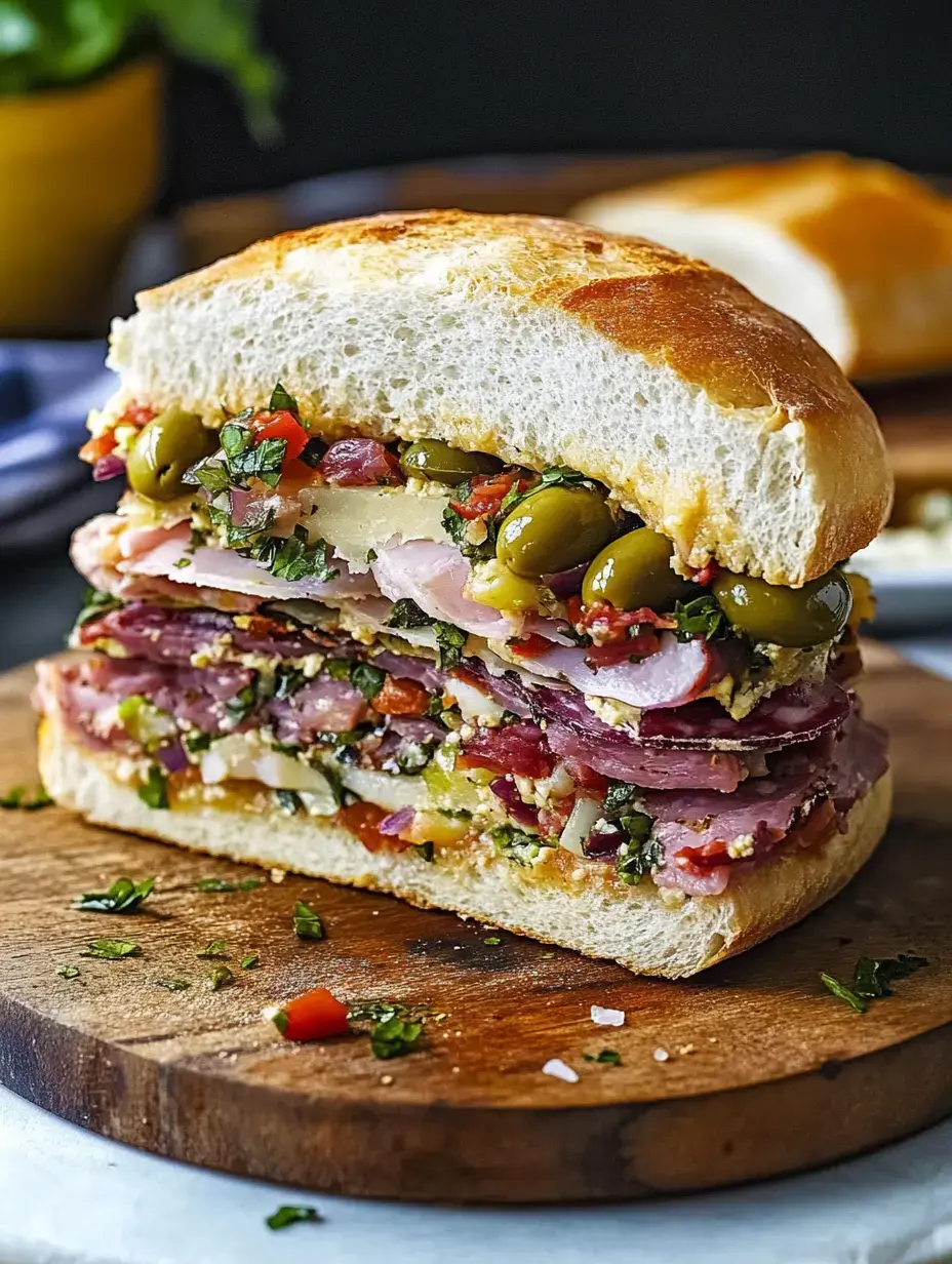 Une coupe transversale d'un grand sandwich composé de couches de charcuterie, fromage, olives et herbes, servi sur une planche en bois.